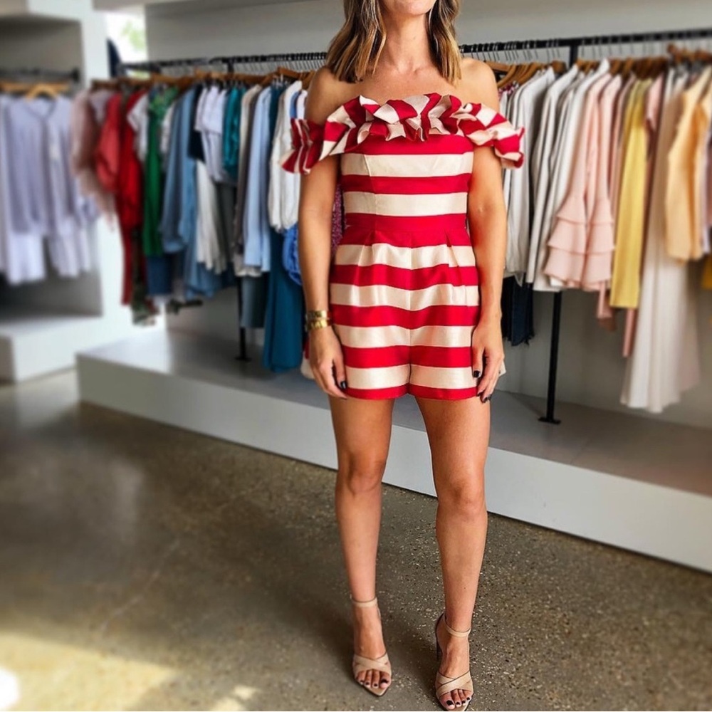 Keepsake Red, cream Stripe ruffle off the shoulder  Romper size small